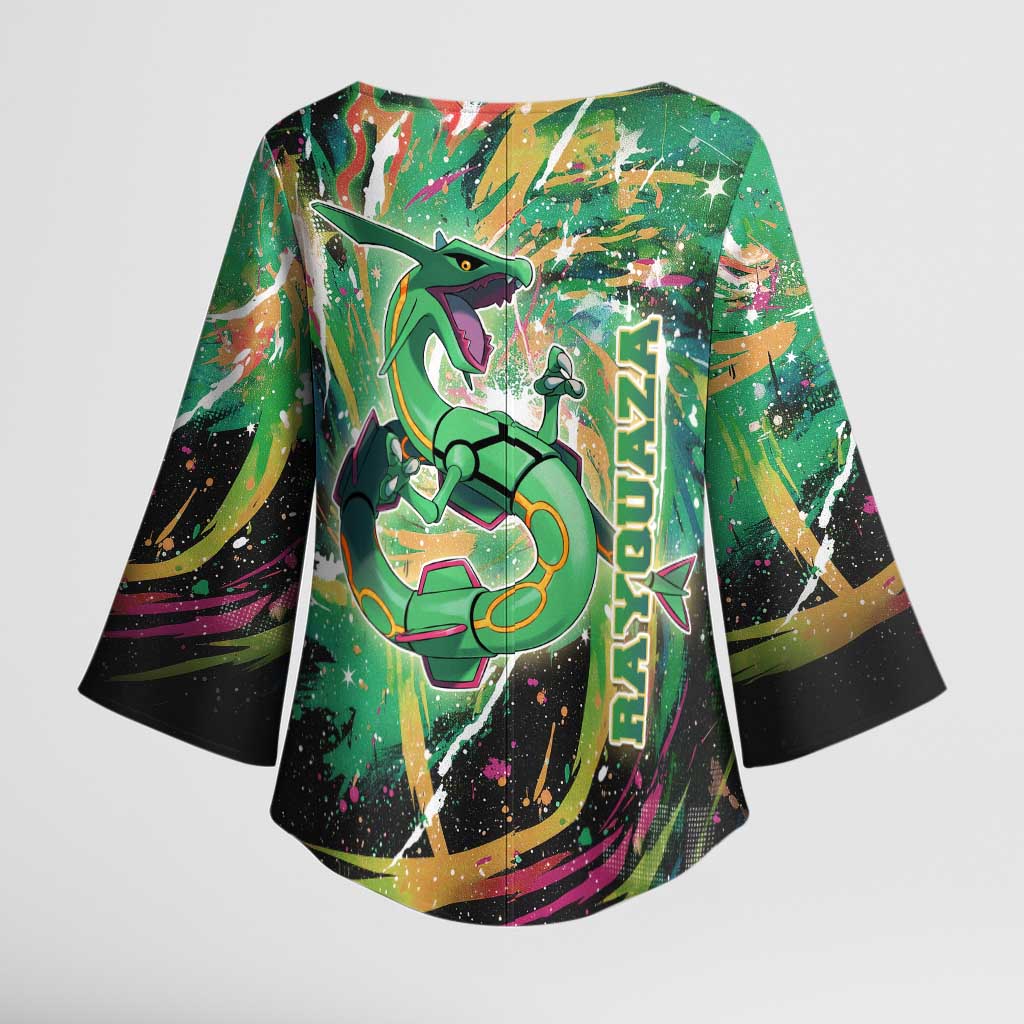 Rayquaza Poké Green Abstract Galaxy Design Kimono Sleeve Blouse Dynamic Swirl Background - The Mazicc
