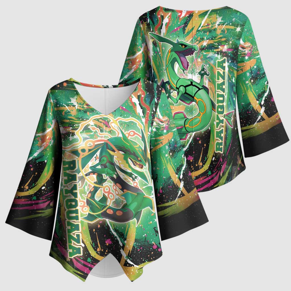 Rayquaza Poké Green Abstract Galaxy Design Kimono Sleeve Blouse Dynamic Swirl Background - The Mazicc