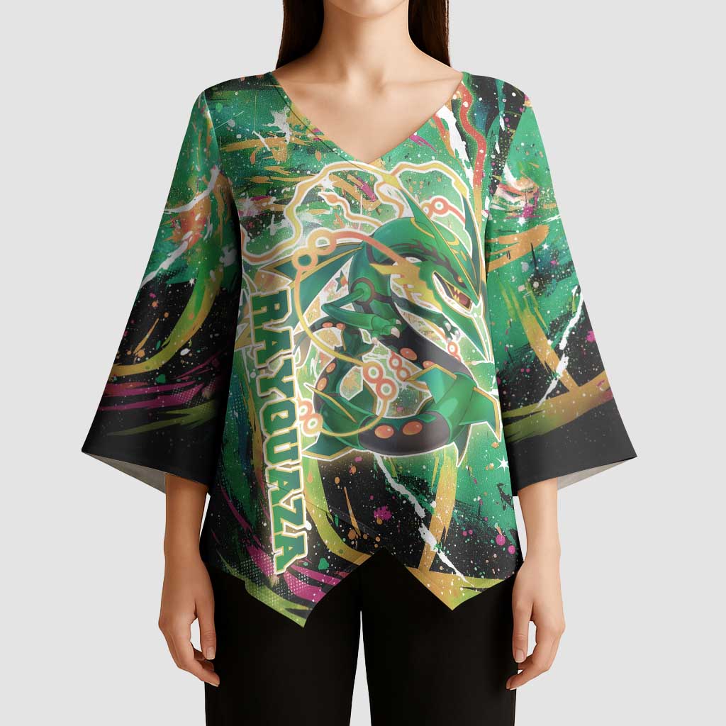 Rayquaza Poké Green Abstract Galaxy Design Kimono Sleeve Blouse Dynamic Swirl Background - The Mazicc
