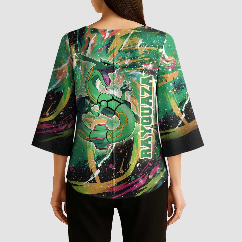Rayquaza Poké Green Abstract Galaxy Design Kimono Sleeve Blouse Dynamic Swirl Background - The Mazicc
