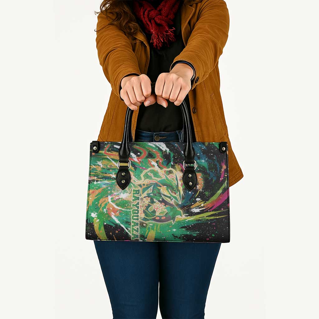 Rayquaza Poké Green Abstract Galaxy Design Leather Bag Dynamic Swirl Background - The Mazicc