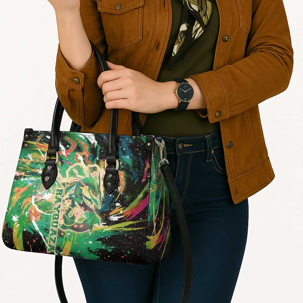 Rayquaza Poké Green Abstract Galaxy Design Leather Bag Dynamic Swirl Background - The Mazicc