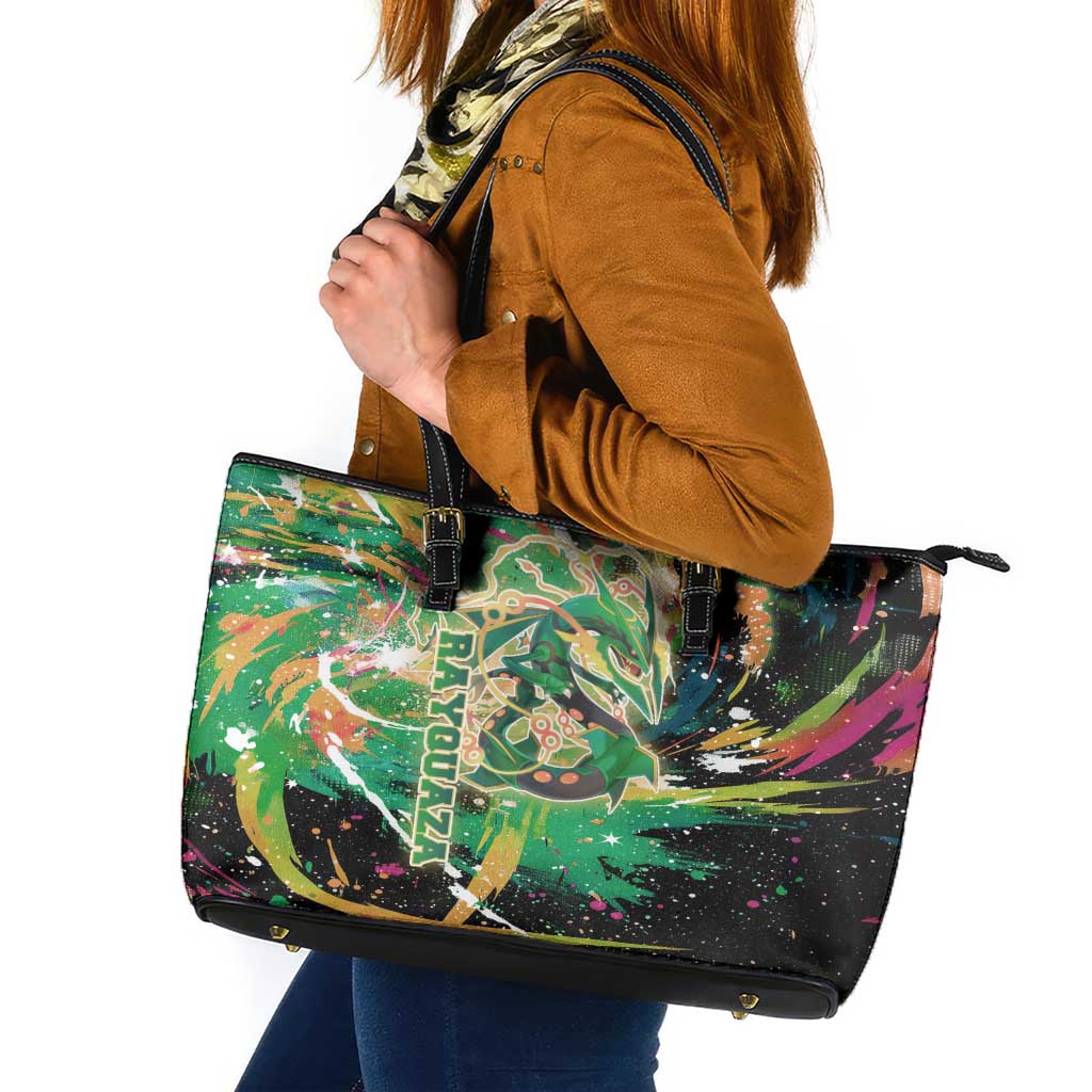 Rayquaza Poké Green Abstract Galaxy Design Leather Tote Bag Dynamic Swirl Background - The Mazicc