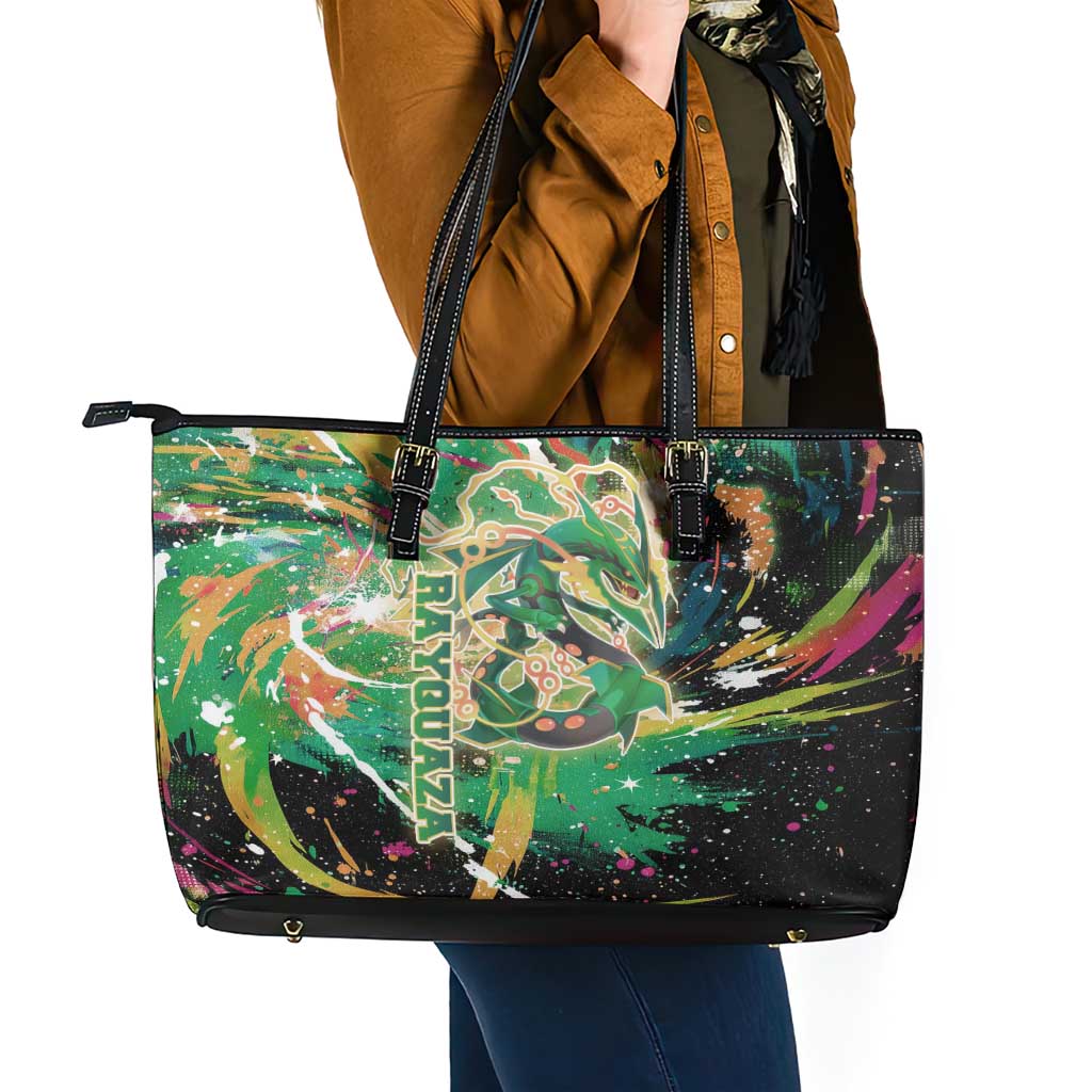 Rayquaza Poké Green Abstract Galaxy Design Leather Tote Bag Dynamic Swirl Background - The Mazicc