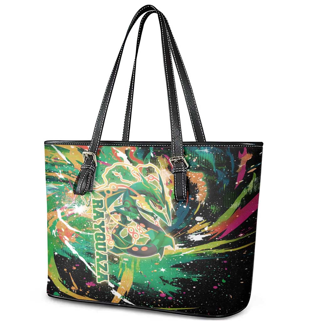 Rayquaza Poké Green Abstract Galaxy Design Leather Tote Bag Dynamic Swirl Background - The Mazicc