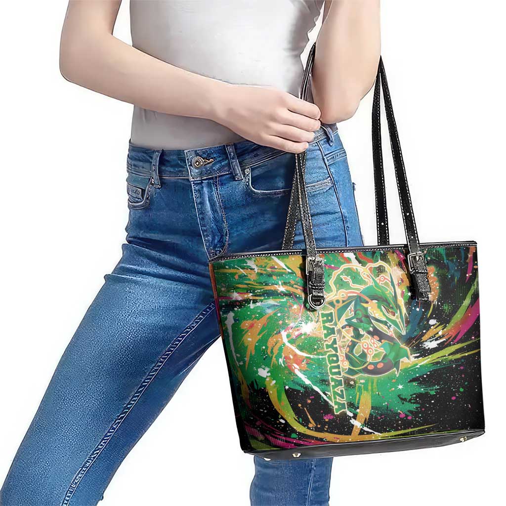 Rayquaza Poké Green Abstract Galaxy Design Leather Tote Bag Dynamic Swirl Background - The Mazicc