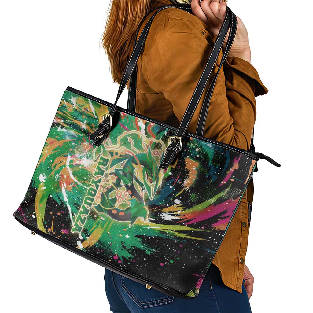 Rayquaza Poké Green Abstract Galaxy Design Leather Tote Bag Dynamic Swirl Background - The Mazicc