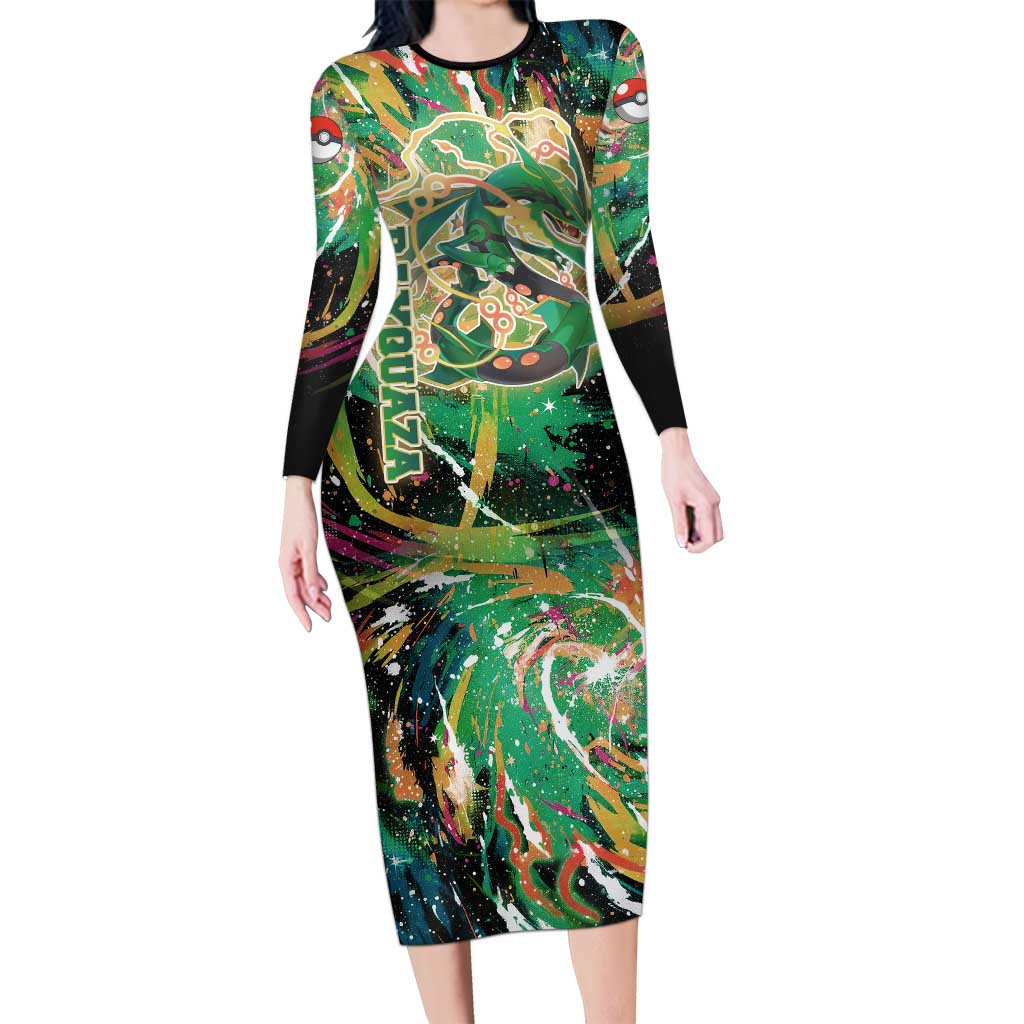 Rayquaza Poké Green Abstract Galaxy Design Long Sleeve Bodycon Dress Dynamic Swirl Background - The Mazicc