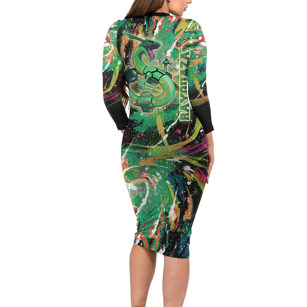 Rayquaza Poké Green Abstract Galaxy Design Long Sleeve Bodycon Dress Dynamic Swirl Background - The Mazicc