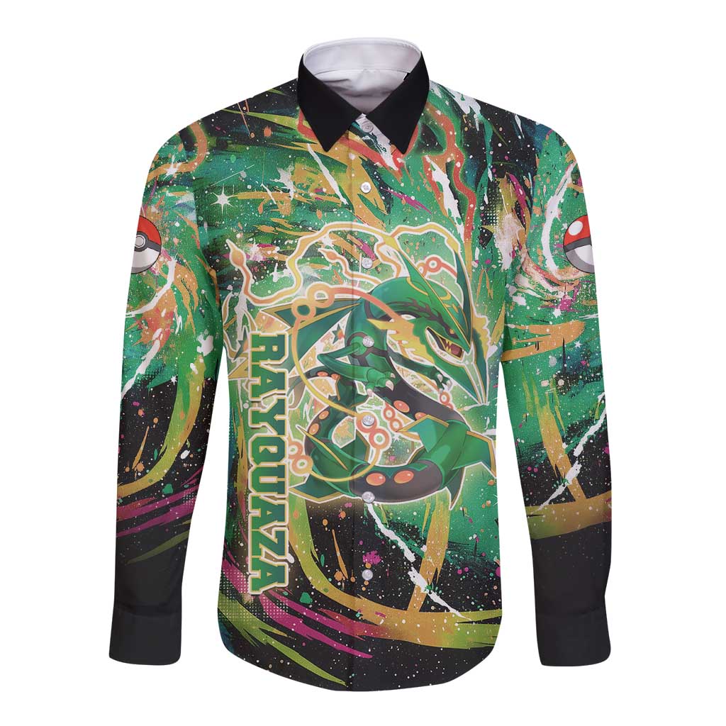Rayquaza Poké Green Abstract Galaxy Design Long Sleeve Button Shirt Dynamic Swirl Background - The Mazicc