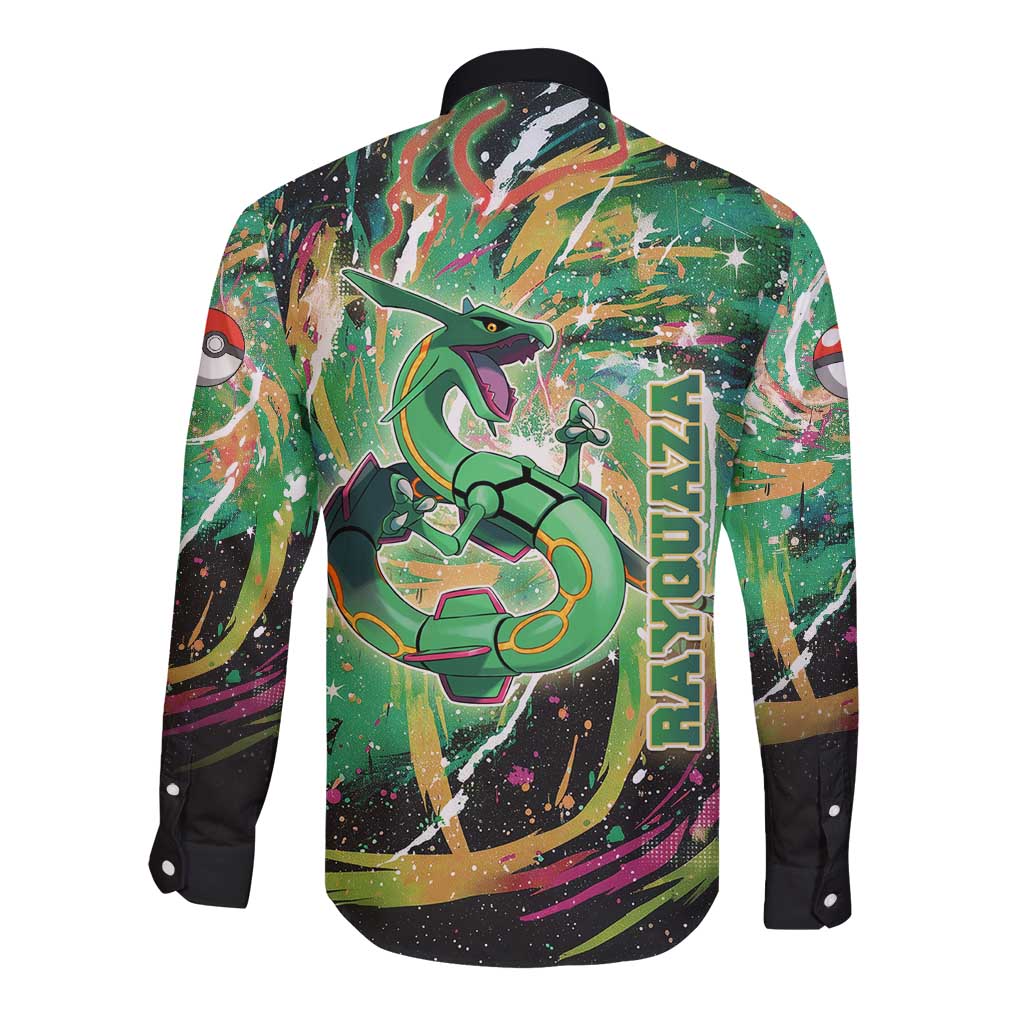 Rayquaza Poké Green Abstract Galaxy Design Long Sleeve Button Shirt Dynamic Swirl Background - The Mazicc
