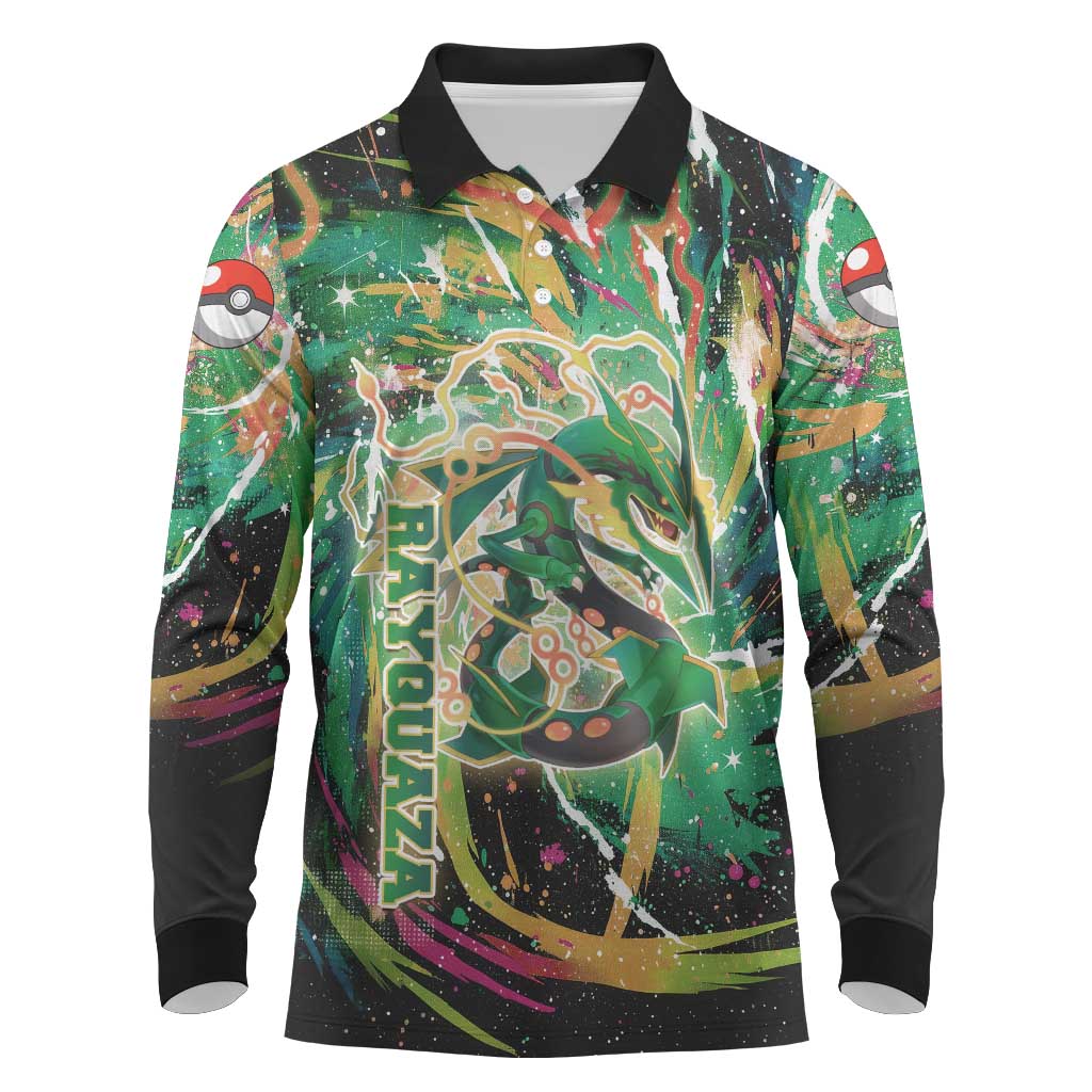 Rayquaza Poké Green Abstract Galaxy Design Long Sleeve Polo Shirt Dynamic Swirl Background - The Mazicc