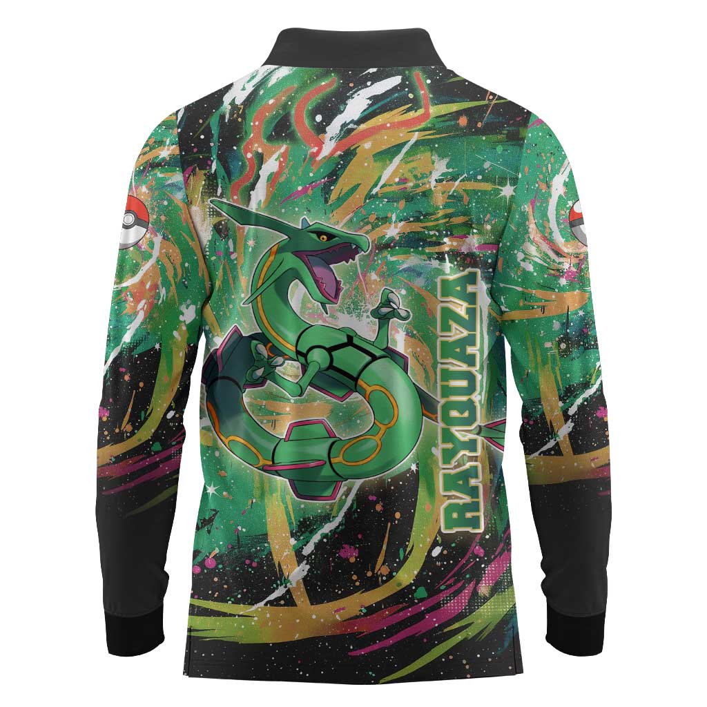 Rayquaza Poké Green Abstract Galaxy Design Long Sleeve Polo Shirt Dynamic Swirl Background - The Mazicc