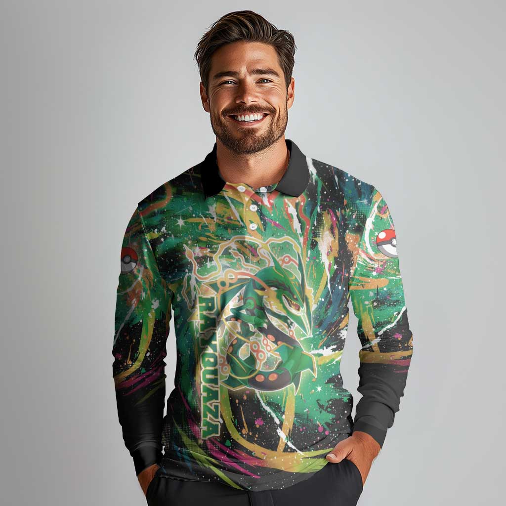 Rayquaza Poké Green Abstract Galaxy Design Long Sleeve Polo Shirt Dynamic Swirl Background - The Mazicc