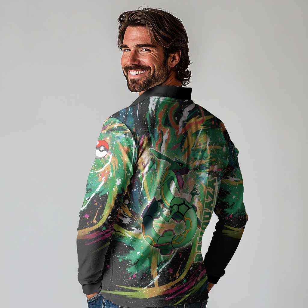 Rayquaza Poké Green Abstract Galaxy Design Long Sleeve Polo Shirt Dynamic Swirl Background - The Mazicc