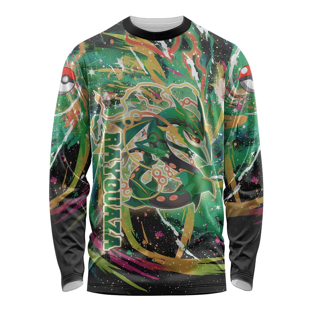 Rayquaza Poké Green Abstract Galaxy Design Long Sleeve Shirt Dynamic Swirl Background - The Mazicc