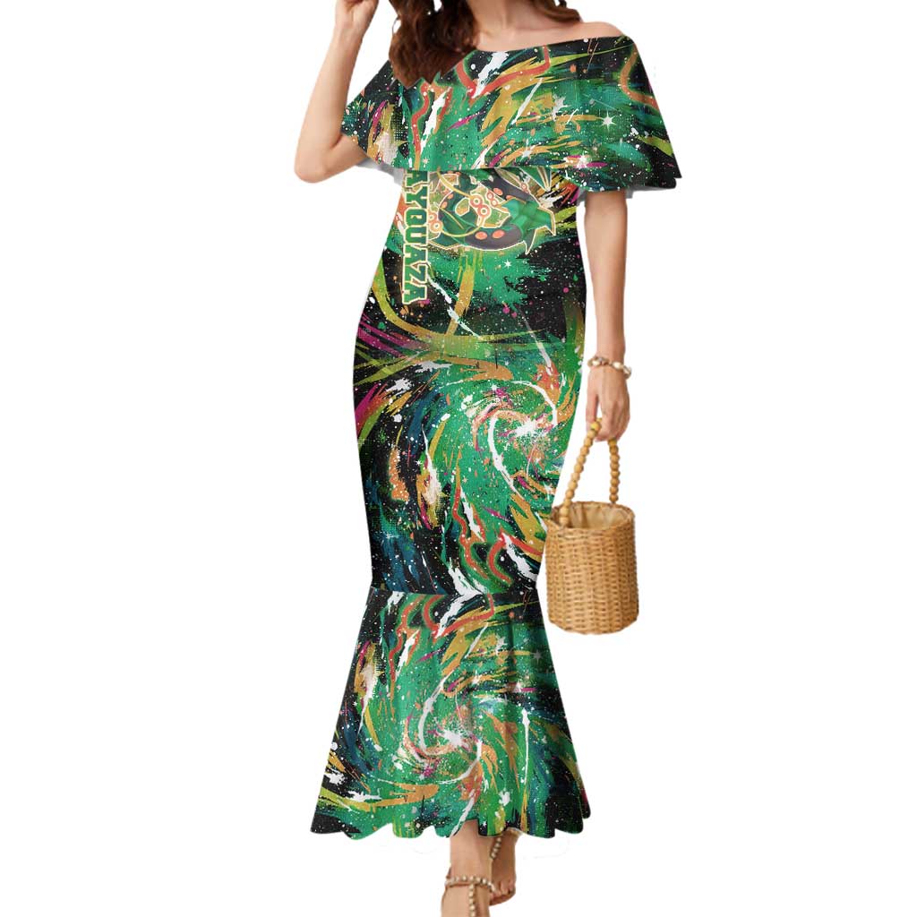 Rayquaza Poké Green Abstract Galaxy Design Mermaid Dress Dynamic Swirl Background - The Mazicc