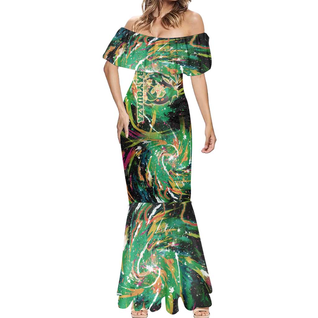Rayquaza Poké Green Abstract Galaxy Design Mermaid Dress Dynamic Swirl Background - The Mazicc