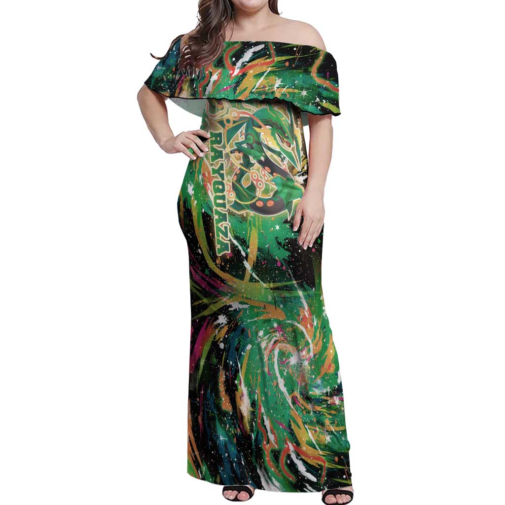 Rayquaza Poké Green Abstract Galaxy Design Off Shoulder Maxi Dress Dynamic Swirl Background - The Mazicc