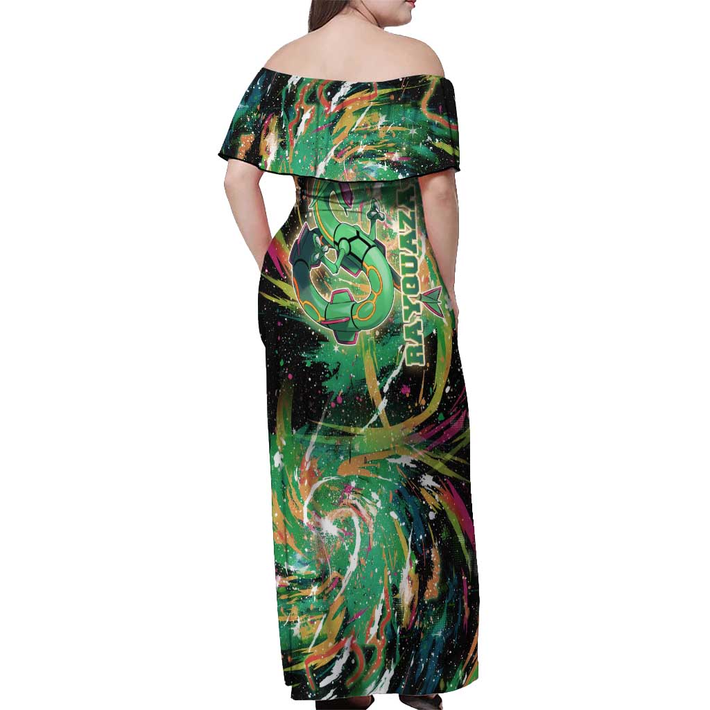 Rayquaza Poké Green Abstract Galaxy Design Off Shoulder Maxi Dress Dynamic Swirl Background - The Mazicc