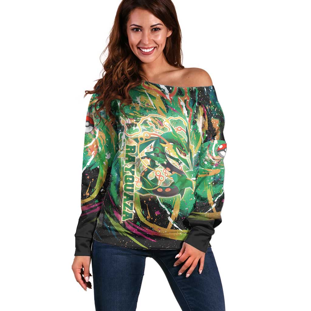Rayquaza Poké Green Abstract Galaxy Design Off Shoulder Sweater Dynamic Swirl Background - The Mazicc