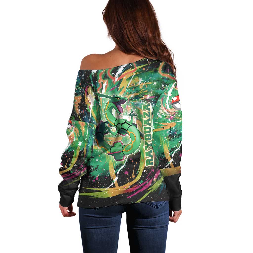 Rayquaza Poké Green Abstract Galaxy Design Off Shoulder Sweater Dynamic Swirl Background - The Mazicc