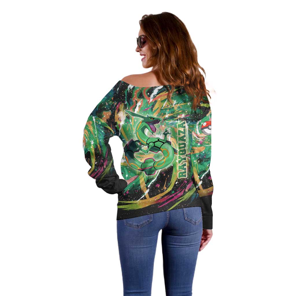 Rayquaza Poké Green Abstract Galaxy Design Off Shoulder Sweater Dynamic Swirl Background - The Mazicc