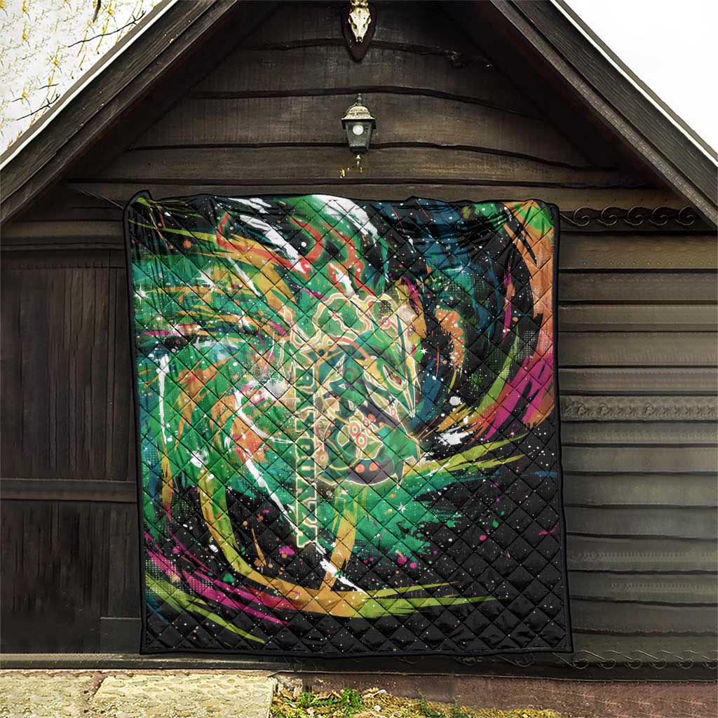 Rayquaza Poké Green Abstract Galaxy Design Quilt Dynamic Swirl Background - The Mazicc