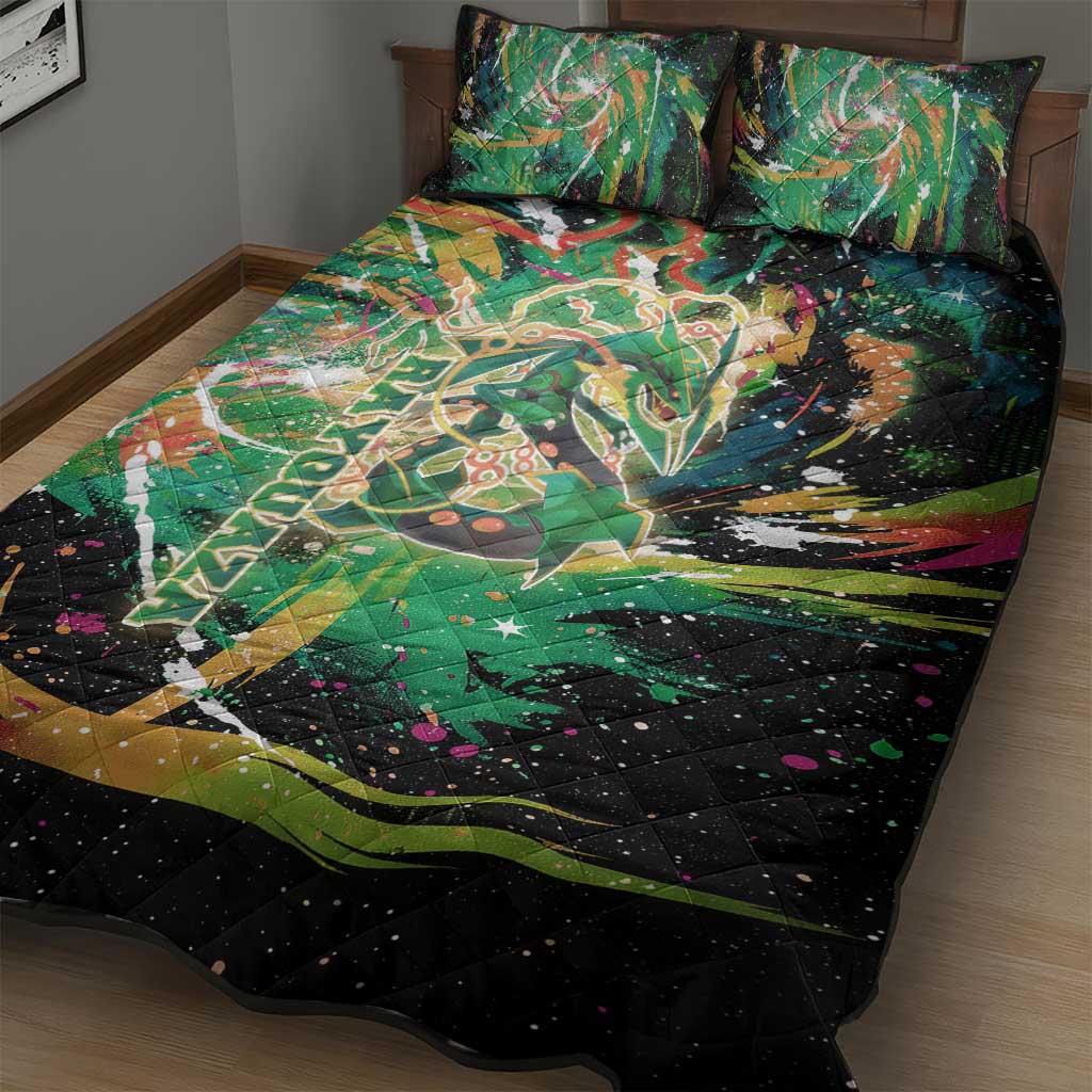 Rayquaza Poké Green Abstract Galaxy Design Quilt Bed Set Dynamic Swirl Background - The Mazicc