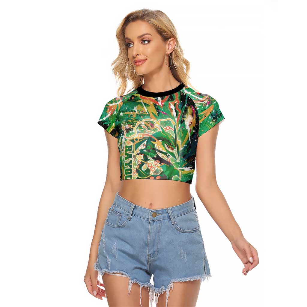 Rayquaza Poké Green Abstract Galaxy Design Raglan Cropped T Shirt Dynamic Swirl Background - The Mazicc