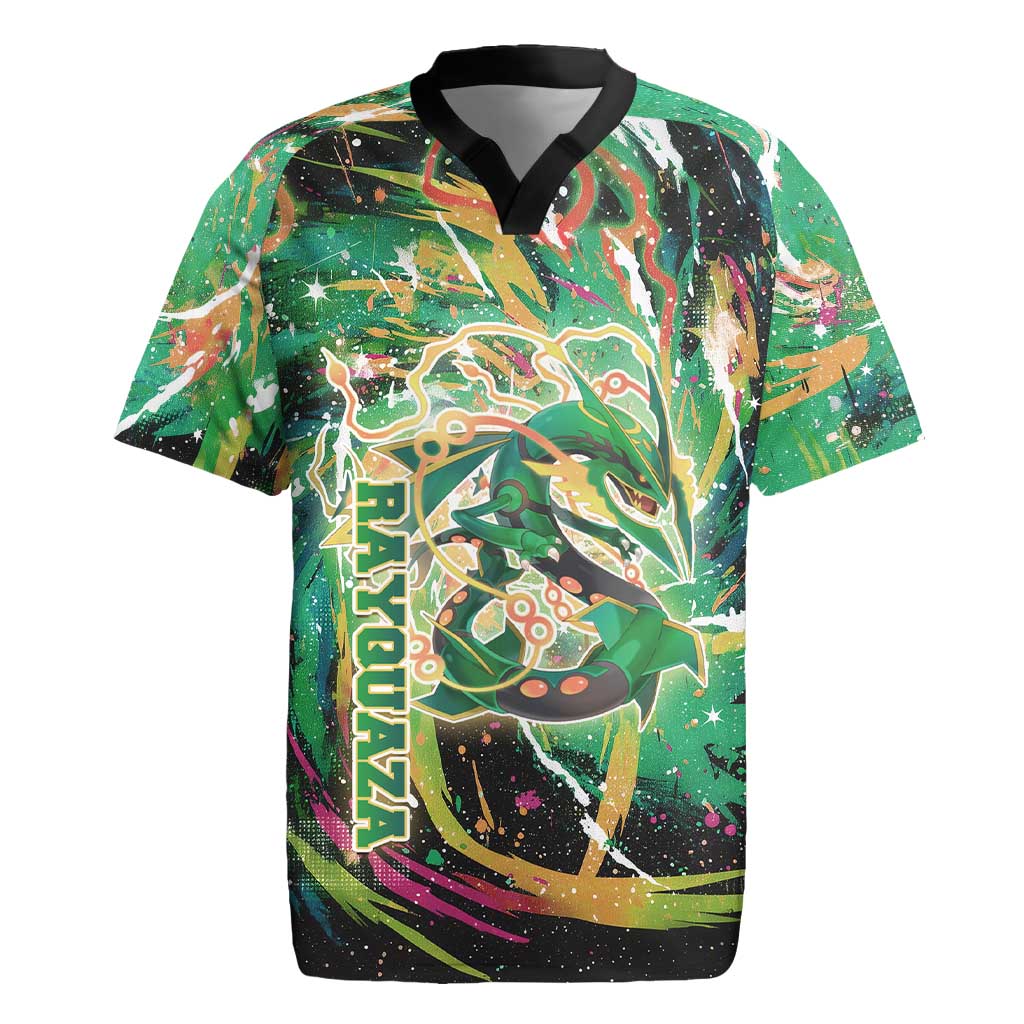 Rayquaza Poké Green Abstract Galaxy Design Rugby Jersey Dynamic Swirl Background - The Mazicc