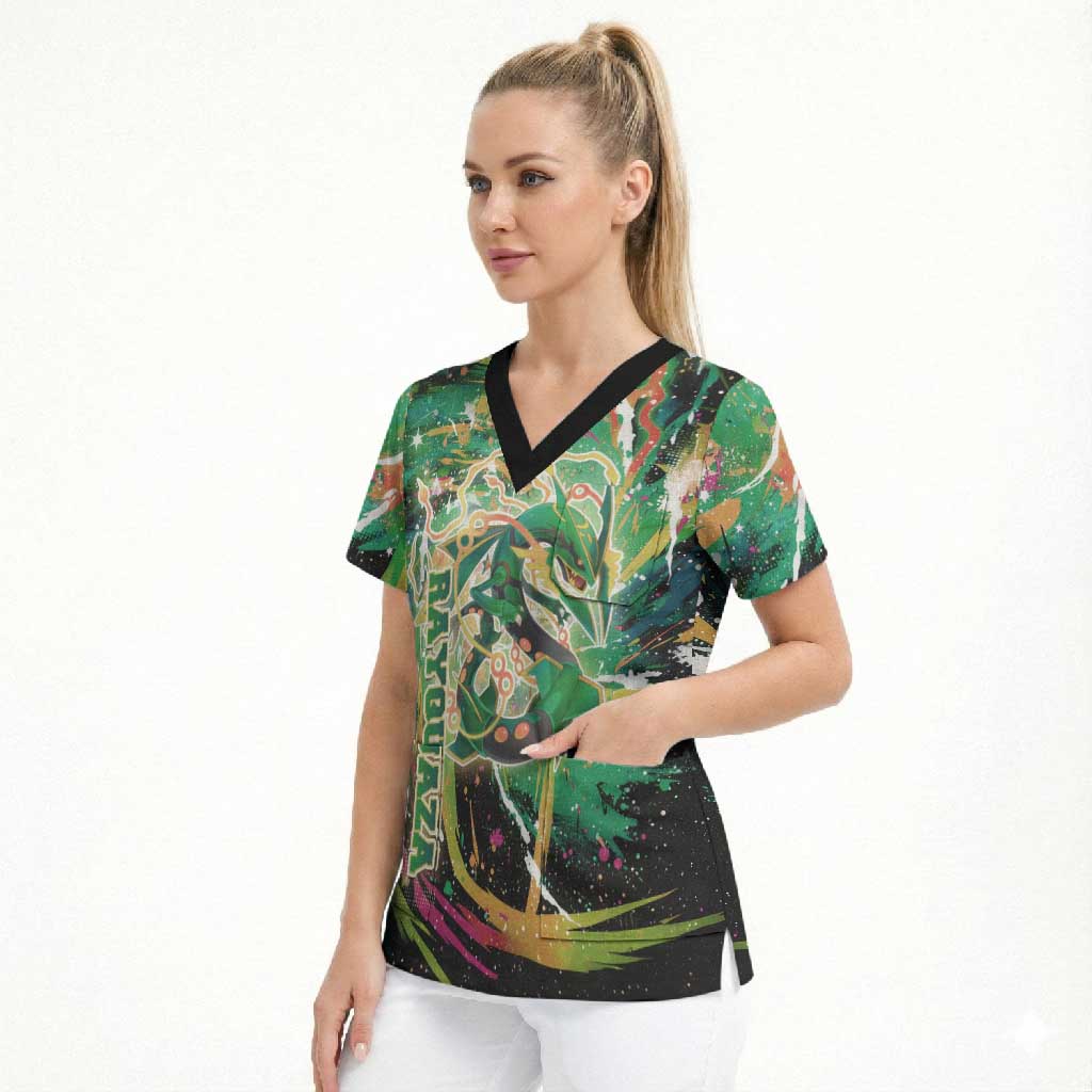 Rayquaza Poké Green Abstract Galaxy Design Scrub Top Dynamic Swirl Background - The Mazicc