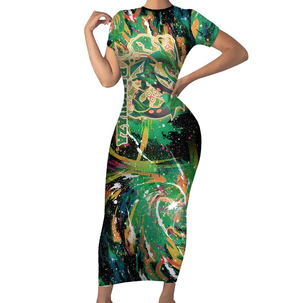 Rayquaza Poké Green Abstract Galaxy Design Short Sleeve Bodycon Dress Dynamic Swirl Background - The Mazicc