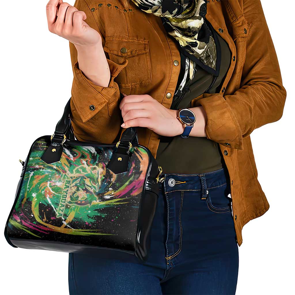 Rayquaza Poké Green Abstract Galaxy Design Shoulder Handbag Dynamic Swirl Background - The Mazicc