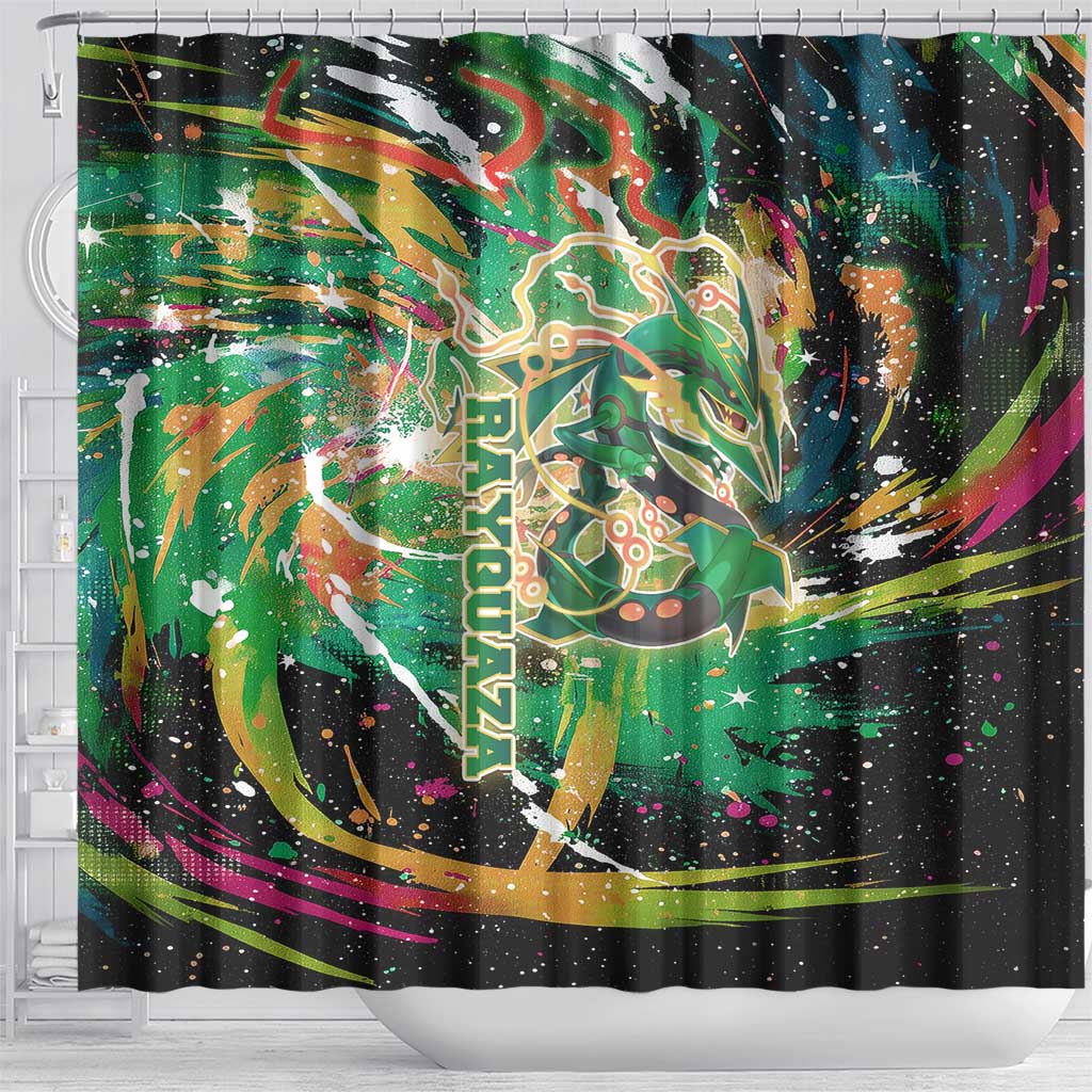Rayquaza Poké Green Abstract Galaxy Design Shower Curtain Dynamic Swirl Background - The Mazicc