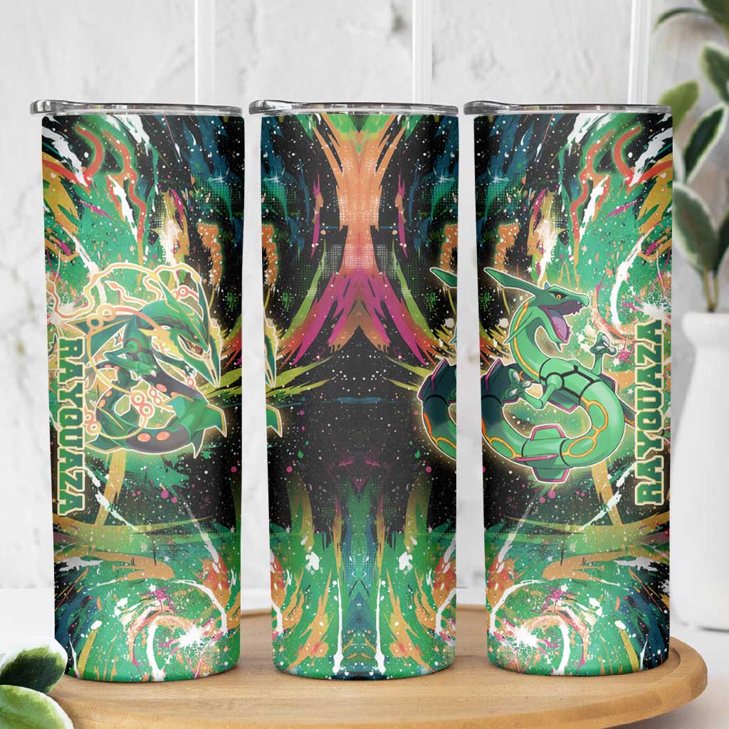 Rayquaza Poké Green Abstract Galaxy Design Skinny Tumbler Dynamic Swirl Background - The Mazicc