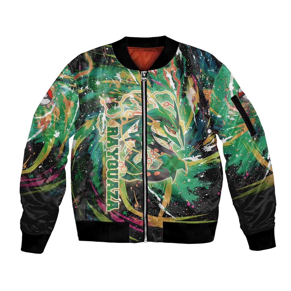 Rayquaza Poké Green Abstract Galaxy Design Sleeve Zip Bomber Jacket Dynamic Swirl Background - The Mazicc