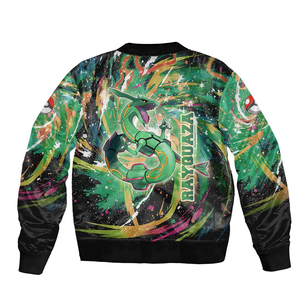 Rayquaza Poké Green Abstract Galaxy Design Sleeve Zip Bomber Jacket Dynamic Swirl Background - The Mazicc