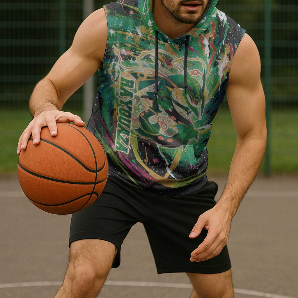 Rayquaza Poké Green Abstract Galaxy Design Sleeveless Hoodie Dynamic Swirl Background - The Mazicc