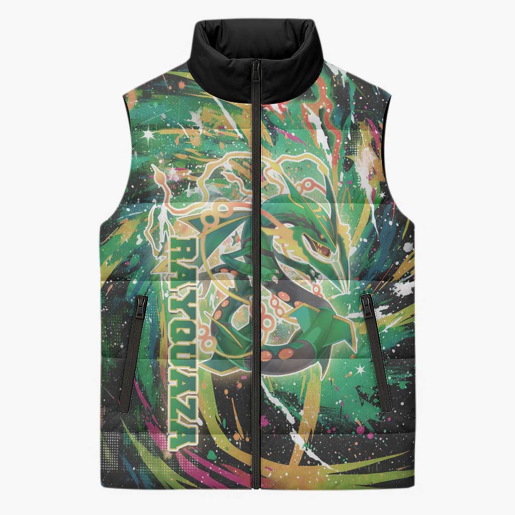 Rayquaza Poké Green Abstract Galaxy Design Sleeveless Puffer Jacket Dynamic Swirl Background - The Mazicc