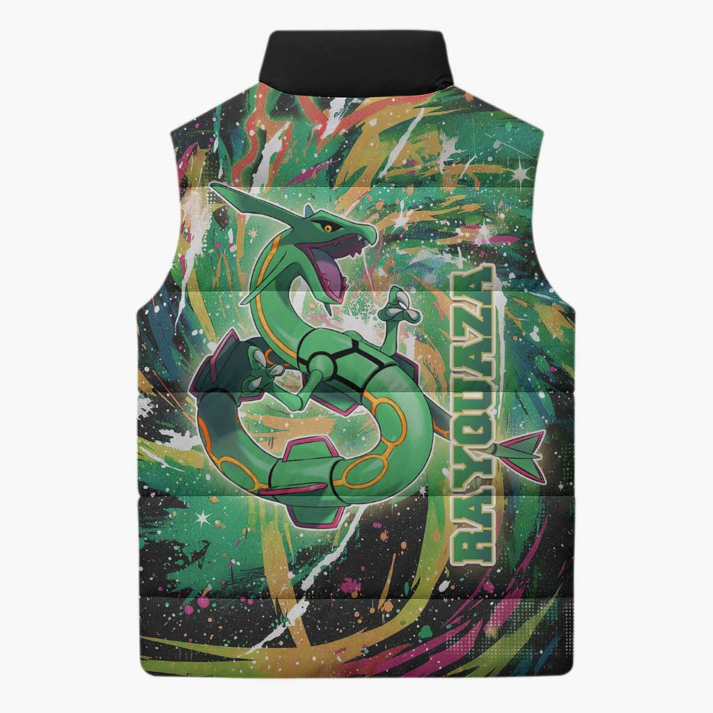 Rayquaza Poké Green Abstract Galaxy Design Sleeveless Puffer Jacket Dynamic Swirl Background - The Mazicc