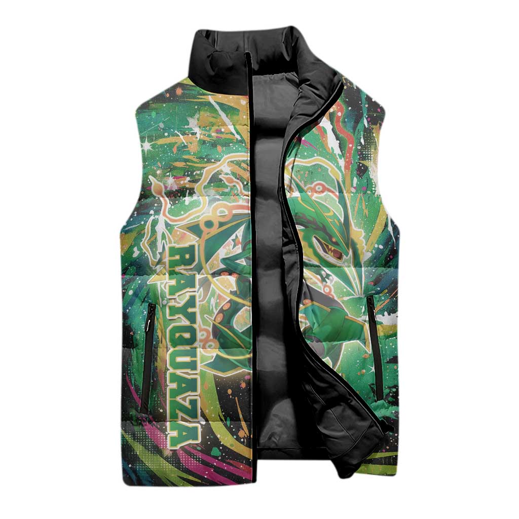 Rayquaza Poké Green Abstract Galaxy Design Sleeveless Puffer Jacket Dynamic Swirl Background - The Mazicc