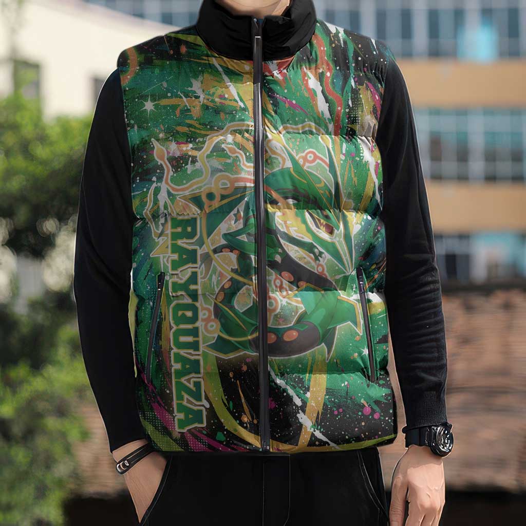 Rayquaza Poké Green Abstract Galaxy Design Sleeveless Puffer Jacket Dynamic Swirl Background - The Mazicc