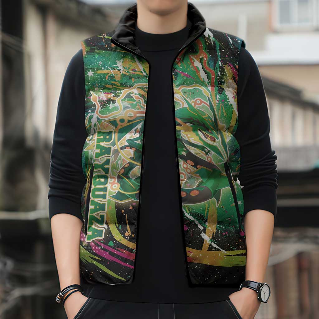 Rayquaza Poké Green Abstract Galaxy Design Sleeveless Puffer Jacket Dynamic Swirl Background - The Mazicc