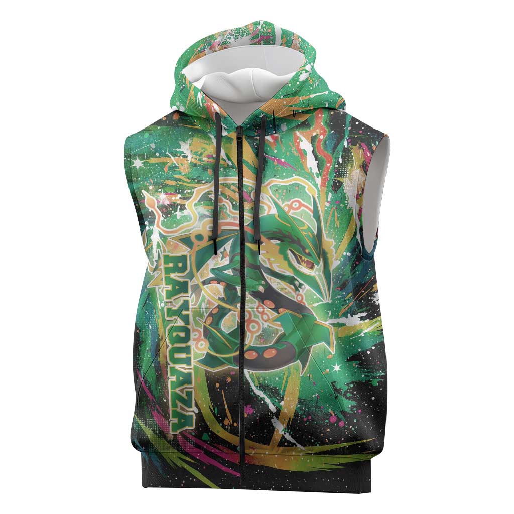 Rayquaza Poké Green Abstract Galaxy Design Sleeveless Zip Hoodie Dynamic Swirl Background - The Mazicc