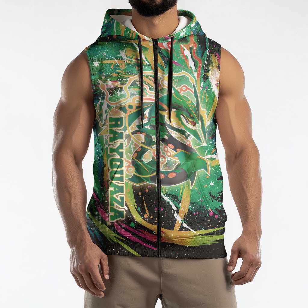 Rayquaza Poké Green Abstract Galaxy Design Sleeveless Zip Hoodie Dynamic Swirl Background - The Mazicc