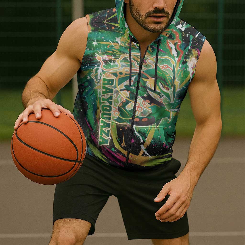 Rayquaza Poké Green Abstract Galaxy Design Sleeveless Zip Hoodie Dynamic Swirl Background - The Mazicc