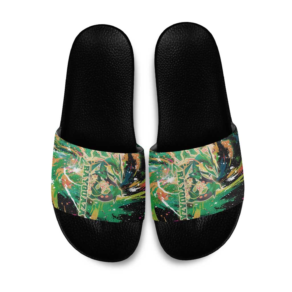 Rayquaza Poké Green Abstract Galaxy Design Slide Sandals Dynamic Swirl Background - The Mazicc
