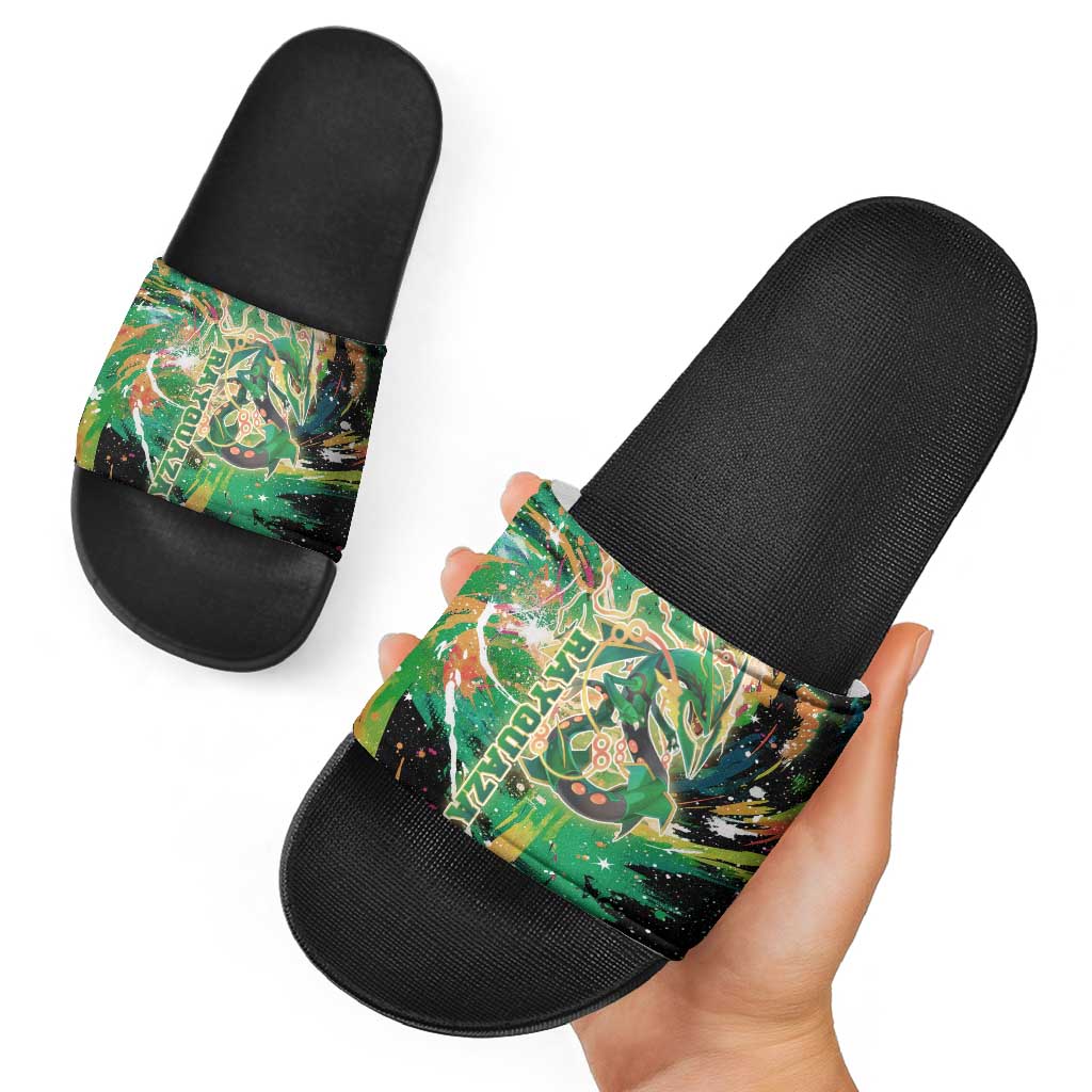 Rayquaza Poké Green Abstract Galaxy Design Slide Sandals Dynamic Swirl Background - The Mazicc