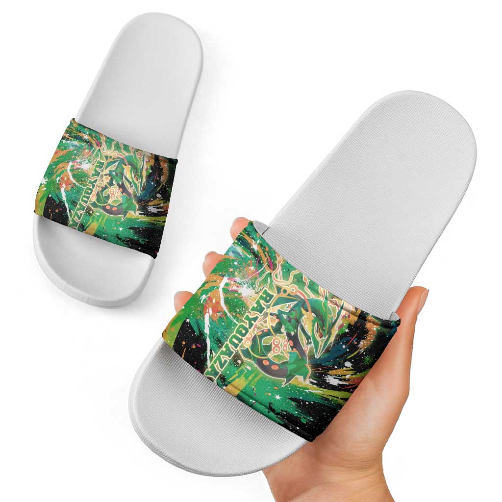 Rayquaza Poké Green Abstract Galaxy Design Slide Sandals Dynamic Swirl Background - The Mazicc